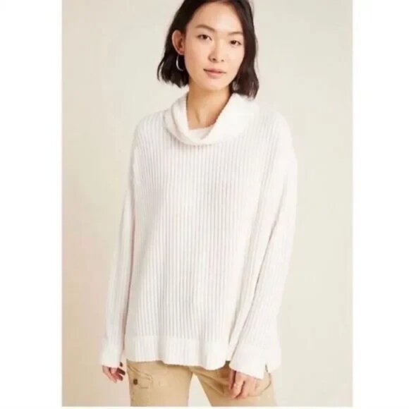 Maeve by Anthropologie Cream Ribbed Chunky Knit Sweater Cowl Neck Size Medium - Picture 2 of 11